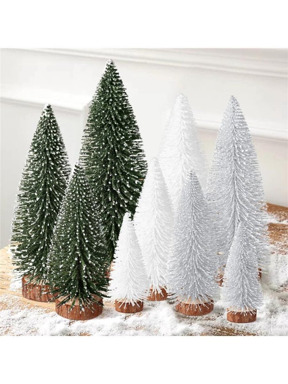 9Pcs Mini Bottle Brush Christmas Trees in 4 Sizes - Green, Silver, White Table